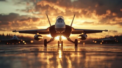 Fototapeta premium A sleek fighter jet sits poised on a runway, silhouetted against a breathtaking sunset sky, embodying themes of power, readiness, and modern aviation technology.