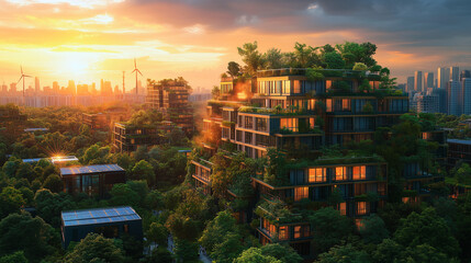 Obraz premium Green Urban Landscape with Renewable Energy and Smart Architecture