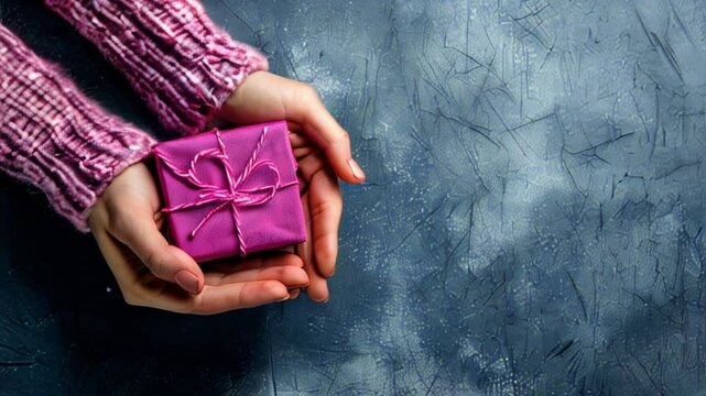 
women's hands in a knitted pink sweater hold a small gift box in a package on a gray background with a free place to insert text
