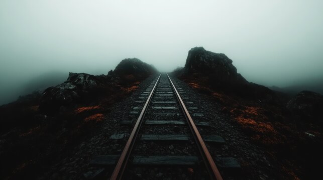 A foggy railway path stretches through rugged rocky landscapes, creating a mysterious and enchanting atmosphere that invites exploration and introspection.