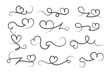 Filigree curly Calligraphic Heart, Fancy Line Flourishes Swirls hearts, curve romantic love sign, Valentine's Day divider flourish Swirl, Calligraphy Flourish lettering header hearts scroll 
