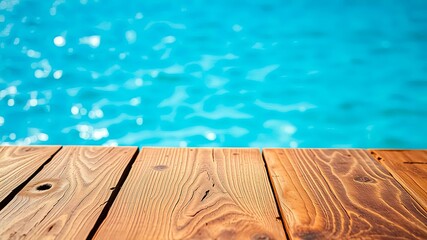Obraz premium Wooden Deck Overlooking a Sparkling Blue Water Surface