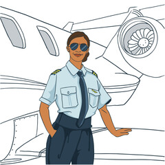 Indian female pilot confidently standing outside an airplane, symbolizing women empowerment, leadership, ambition