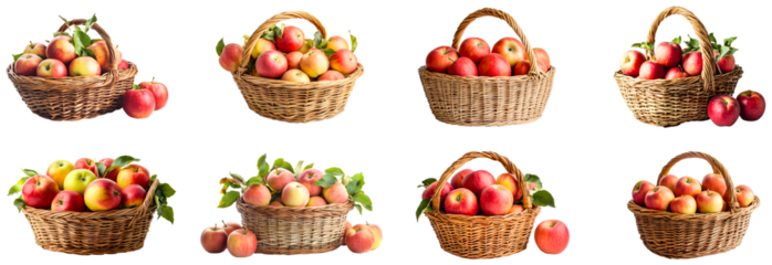 Freshly picked apples in woven baskets isolated on transparent background