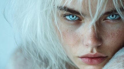 A striking, close-up portrait highlighting captivating icy blue eyes and pale features framed by white hair, conveying an intense, ethereal presence.
