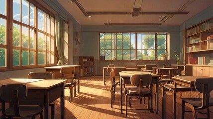 anime style classroom view with wooden chairs and tables. generative ai