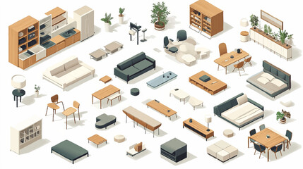 Vector isometric home furniture set. Domestic and office furniture and equipment. Sofas, chairs, armchairs, tables, lamps, cabinets and stools.