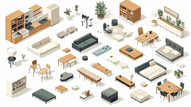 Vector isometric home furniture set. Domestic and office furniture and equipment. Sofas, chairs, armchairs, tables, lamps, cabinets and stools.
