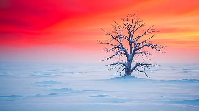 A solitary tree stands in a snow-covered landscape under a sky painted with vibrant hues of pink and orange, a stark contrast against the pristine white expanse.