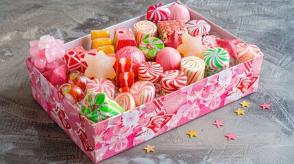 A pink box filled with colorful candies and sweets, pink and green color scheme, red and white patterned paper background decorated in the Stars and Stripes style, detailed texture