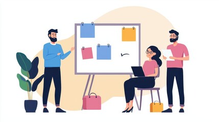 Team using virtual whiteboard for supply chain planning, inventory management concept, digital collaboration