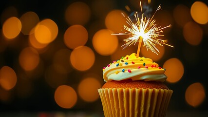 A celebratory cupcake adorned with a sparking firework against a backdrop of warm, shimmering lights.