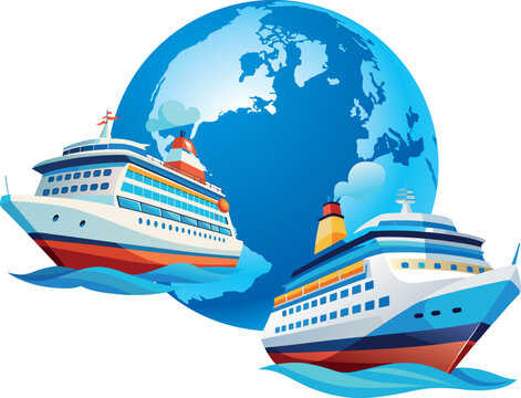 Two cruise ships navigating around the world, international travel concept