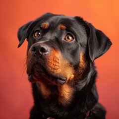 Obraz premium Portrait of a Rottweiler dog in studio setting with vibrant orange background showcasing its expressive eyes and glossy coat