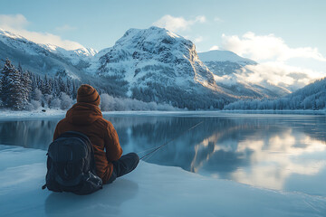 Person ice fishing on a frozen lake, dressed in warm winter clothing, surrounded by a serene snowy landscape, capturing the calm and peaceful atmosphere of winter outdoor activities. 