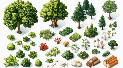 Isometric agricultural farm buildings, windmill barn and silo sheds hay garden beds and tractor. Pulling, pushing agricultural machinery, trailers, ploughing, tilling, disking. Cows on a farm. © Pickoloh