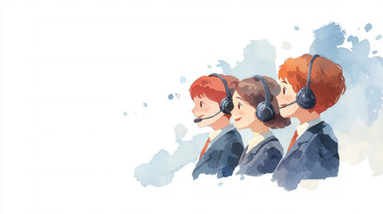 Illustration of three customer support agents wearing headsets, showcasing teamwork and communication in a professional setting.