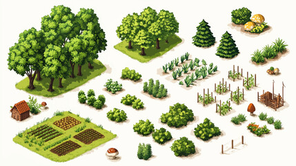 Isometric agricultural farm buildings, windmill barn and silo sheds hay garden beds and tractor. Pulling, pushing agricultural machinery, trailers, ploughing, tilling, disking. Cows on a farm.