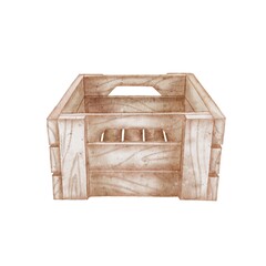 Farm wooden box for vegetables and fruits watercolor illustration. Drawn in a childish style for printing on packages, labels, tags, harvest fest. 