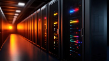 A row of server racks is bathed in colorful light within a dim, high-tech data center environment, symbolizing digital innovation and advanced technology.
