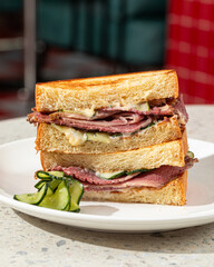 Portion of gourmet sandwich with pickles on the cafe table