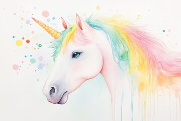Naklejka premium Colorful watercolor unicorn with rainbow mane and horn painting
