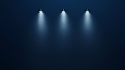 Navy blue wall illuminated by three evenly spaced spotlights from above, creating a minimalist and modern ambiance with space for text or branding