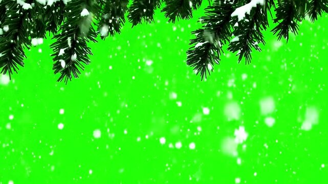 Snowflakes and fir tree branches covered with snow on frame with green screen background. Winter Holiday,Christmas background isolated on green chroma key background matte, alpha channel. 4k video