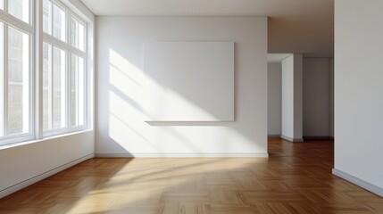 Fototapeta premium Modern minimalistic room with large windows, natural light, wooden floor, and a blank square canvas on a white wall
