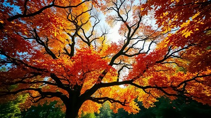 A vibrant autumnal display with a mesmerizing canopy of orange and yellow foliage on a deciduous tree, showcasing the beauty of nature's seasonal transition.
