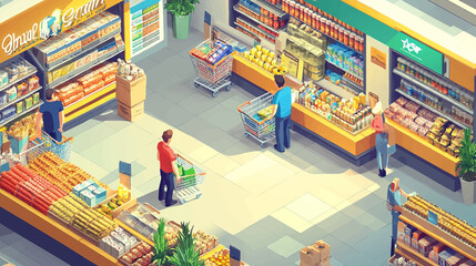 Naklejka premium Isometric grocery market interior, supermarket showcase and checkout counter. Grocery store customers trolleys and goods shelves vector illustration. Supermarket interior shop isometric.