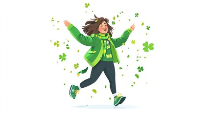 Obraz premium a 2D cartoon illustration of a person in a St. Patrick's Day parade wearing green, festive and cheerful, white background--ar 16:9
