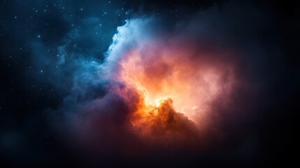 A vibrant and colorful cosmic cloud mass with a fiery orange core, set against a dark starry background, portraying the dynamics of outer space.