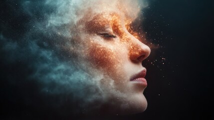 A conceptual artwork depicting a serene face blending into a cosmic nebula-like background, representing the fusion of human thought with the universe.