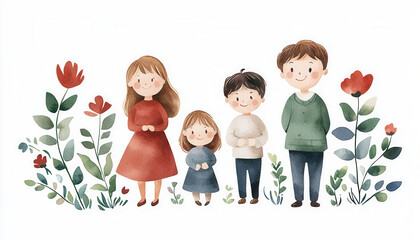A whimsical illustration of a family of four standing among colorful flowers, showcasing love, togetherness, and nature.