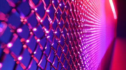 Close-up of a pink and purple illuminated digital mesh, resembling a futuristic network