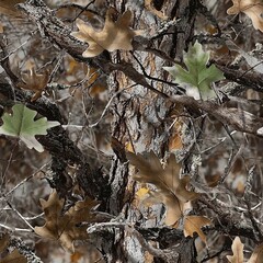 Oak Tree Bark Oak Leaves Hunting Camo Pattern, Seamless Camouflage Foliage Texture