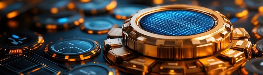 A close-up view of intricate mechanical components with a solar panel, showcasing innovation and modern engineering.