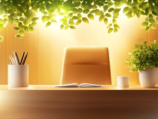 A serene office space with warm lighting, a comfortable chair, greenery, and minimal decor, ideal for relaxation and productivity.