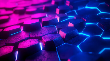 Obraz premium Close-up of neon blue and pink digital blocks forming a grid, emitting a futuristic and electric feel