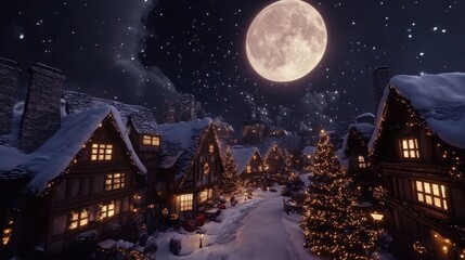 Naklejka premium Christmas night scene with snow-covered houses, a full moon, and sparkling holiday lights