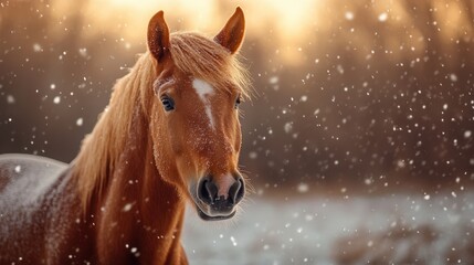 A lone brown horse stands in a softly falling snow, exuding grace and tranquility as it gazes off into the distance amidst a serene evening landscape.