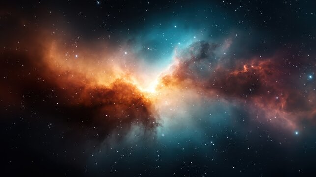 A breathtaking cosmic scene featuring a vivid nebula, casting brilliant hues of orange and blue, reminiscent of an abstract celestial phenomenon in space.