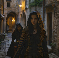 A photo of an attractive female in medieval , wearing leather armor and a cloak with the hood up, walking down a dark stone alleyway at night, Generative AI