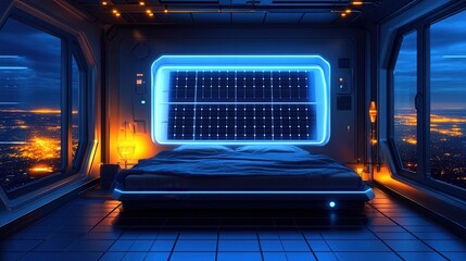Obraz premium A futuristic bedroom featuring neon lighting, sleek design, and a panoramic view showcasing a modern lifestyle at night.