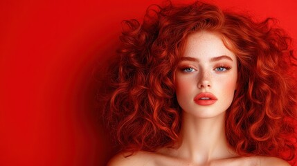 Fototapeta premium A striking silhouette portrays a woman with curly red hair against a vivid red background, embodying mystery and contrast with a contemporary artistic flair.