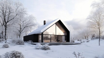 Modern Black and White Cabin in a Snowy Forest