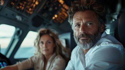 Two pilots share in-flight responsibilities in an airplane cockpit, engaged in collaborative dialogue that reflects teamwork, expertise, and a professional atmosphere.