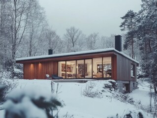 Modern Wooden Cabin with Snowy Landscape