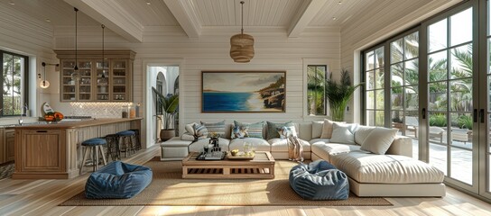 Country Style Living Room and Kitchen with Blue Accents and Garden View